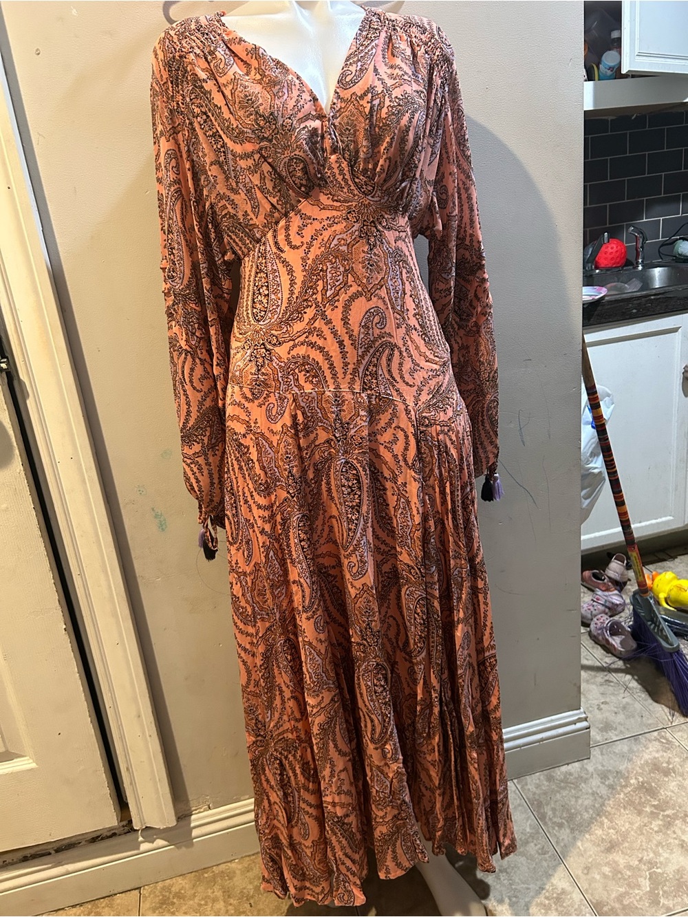 Free People Rust Paisley Long Sleeve Maxi Dress